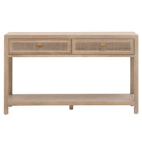 Callie Gray Cane 2-Drawer Console Table: bohemian smoke gray oak wood with cane inlay and open shelf.