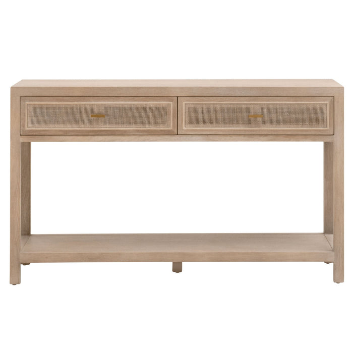 Callie Gray Cane 2-Drawer Console Table: bohemian smoke gray oak wood with cane inlay and open shelf.