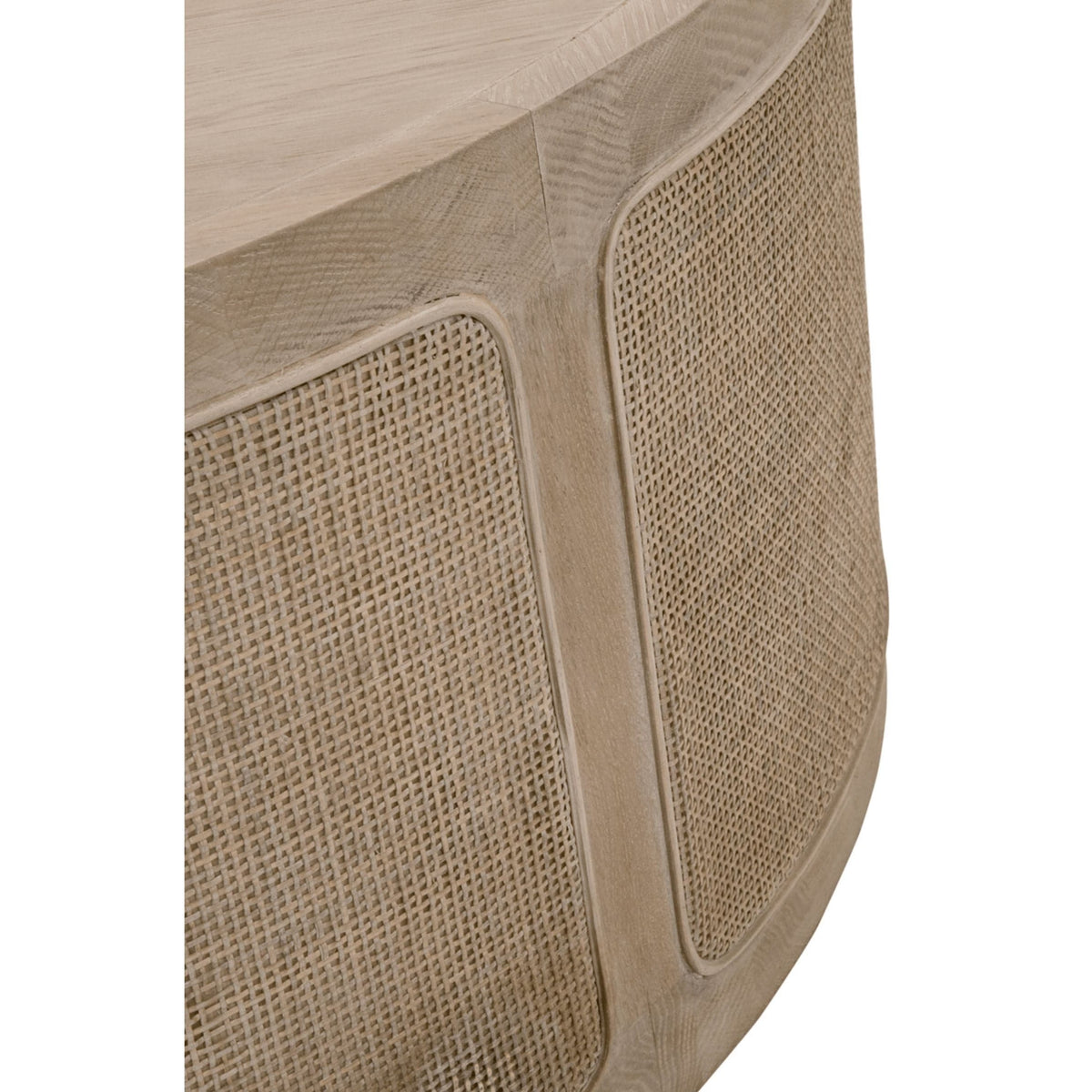 Callie Gray Cane Coffee Table, solid smoke gray oak wood with cane inlay and wood border.