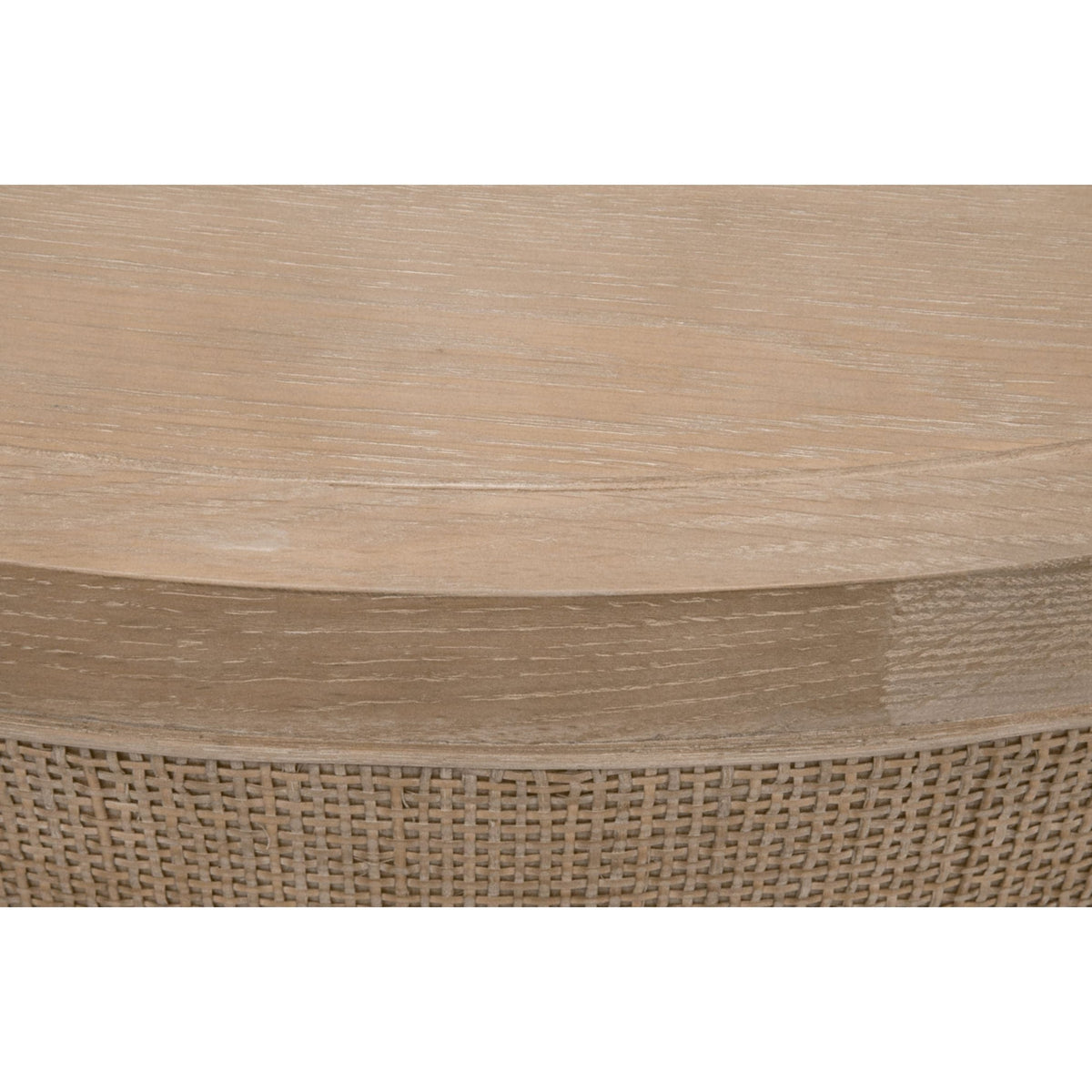 Callie Gray Cane Coffee Table: Round smoke gray oak wood table with a cane inlay border.