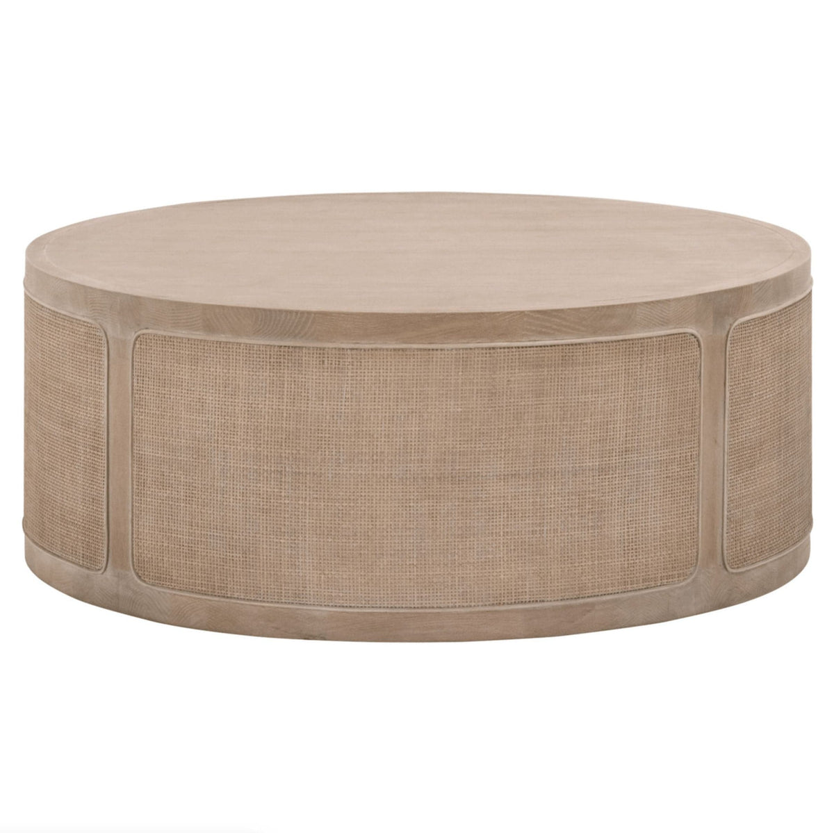 Round smoke gray oak coffee table with wood-backed cane inlay and wood border.