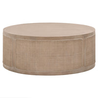 Round smoke gray oak coffee table with wood-backed cane inlay and wood border.