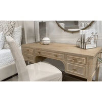 Callie Gray Cane Desk: Bohemian oak wood desk with smoke gray tones and cane inlay drawers.