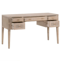 Bohemian oak wood desk with smoke gray tones, cane inlay drawers, and gold pulls.