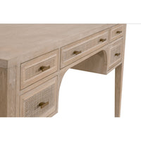 Callie Gray Cane Desk: Bohemian oak wood desk with smoke gray tones and cane inlay drawers.