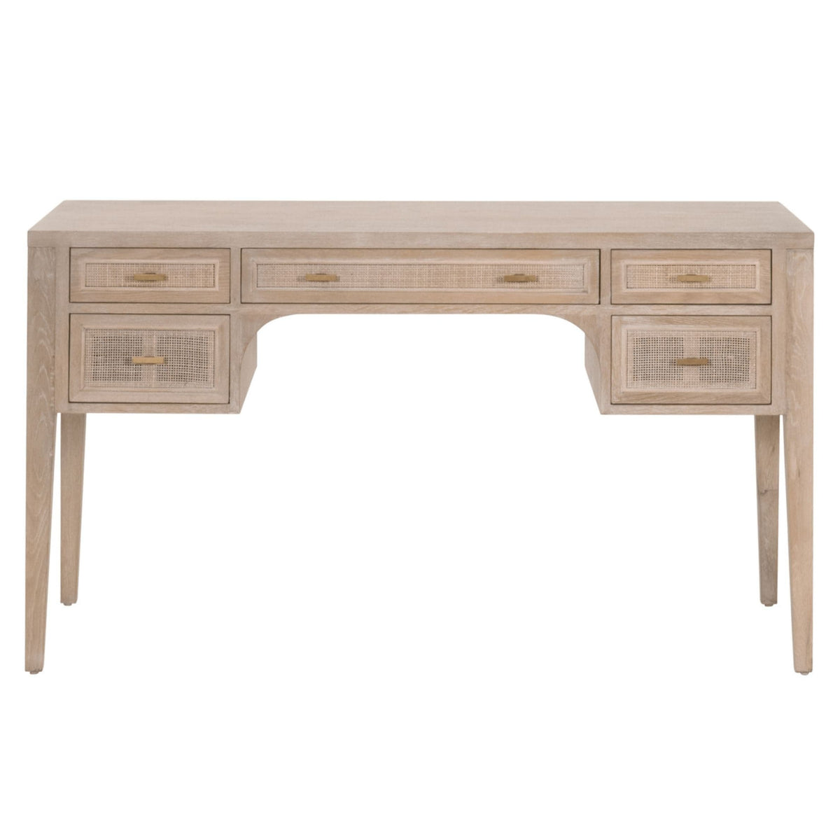 Bohemian oak wood desk with smoke gray tones, cane inlay drawers, and gold pulls.