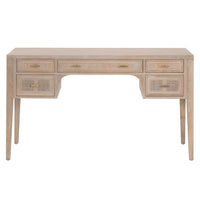 Bohemian oak wood desk with smoke gray tones, cane inlay drawers, and gold pulls.