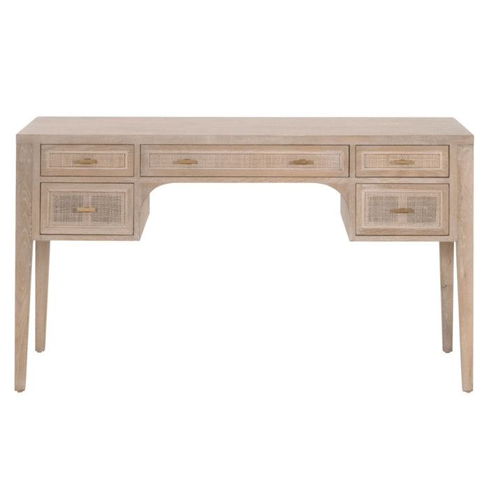 Bohemian oak wood desk with smoke gray tones, cane inlay drawers, and gold pulls.