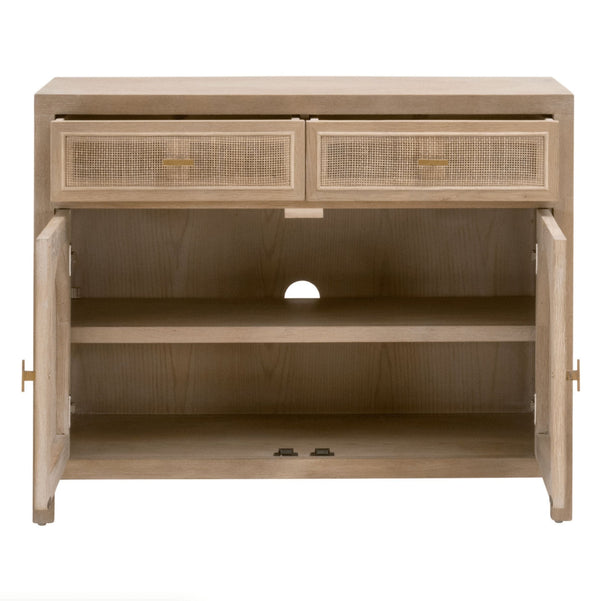 Callie Gray Cane Media Cabinet: smoke gray oak, cane drawers, open double-doored cabinet with shelves and cord hole.