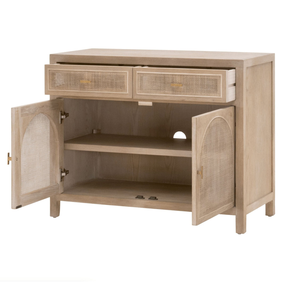 Callie Gray Cane Media Cabinet: smoke gray oak, cane doors, two drawers, open cabinet with shelf and cord hole.