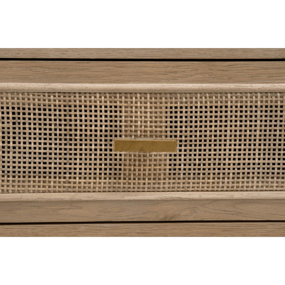 Callie Gray Cane Media Cabinet: smoke gray oak and cane drawer with a brass pull.
