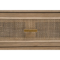 Callie Gray Cane Media Cabinet: smoke gray oak and cane drawer with a brass pull.