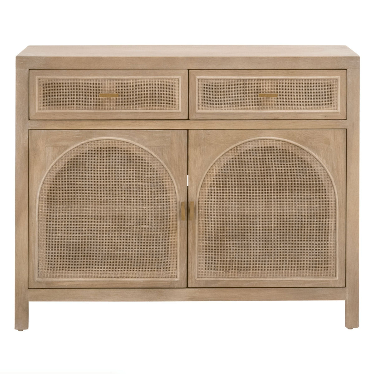 Callie Gray Cane Media Cabinet: Smoke gray oak and cane, 2 drawers, double-doored cabinet.