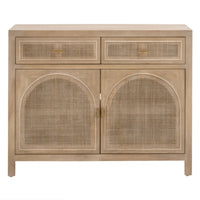 Callie Gray Cane Media Cabinet: Smoke gray oak and cane, 2 drawers, double-doored cabinet.