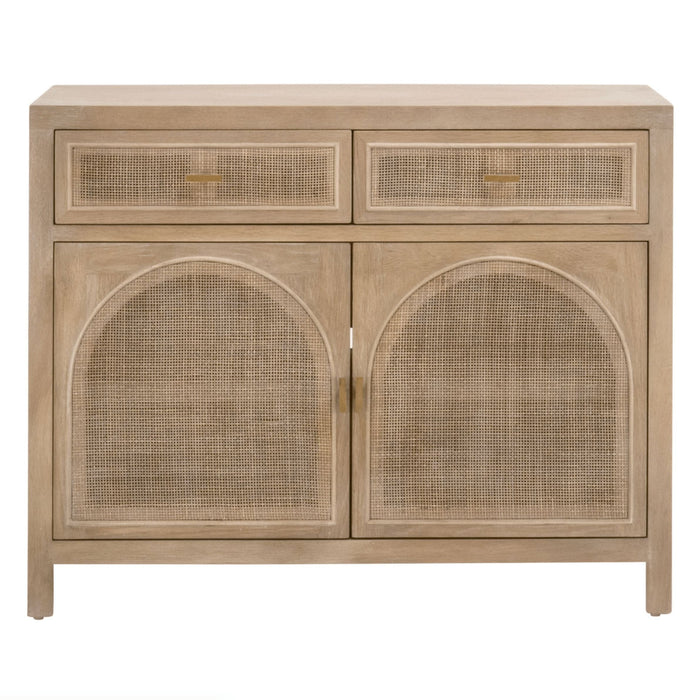 Callie Gray Cane Media Cabinet: Smoke gray oak and cane, 2 drawers, double-doored cabinet.