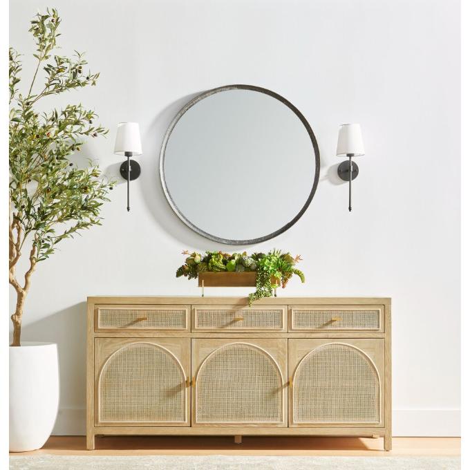 Callie Gray Cane Media Sideboard: Smoke gray oak and cane sideboard with three drawers and three arched cane doors.