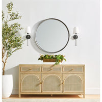 Callie Gray Cane Media Sideboard: Smoke gray oak and cane sideboard with three drawers and three arched cane doors.