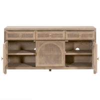 Callie Gray Cane Media Sideboard: Smoke gray oak and cane sideboard with three drawers and open cabinets.