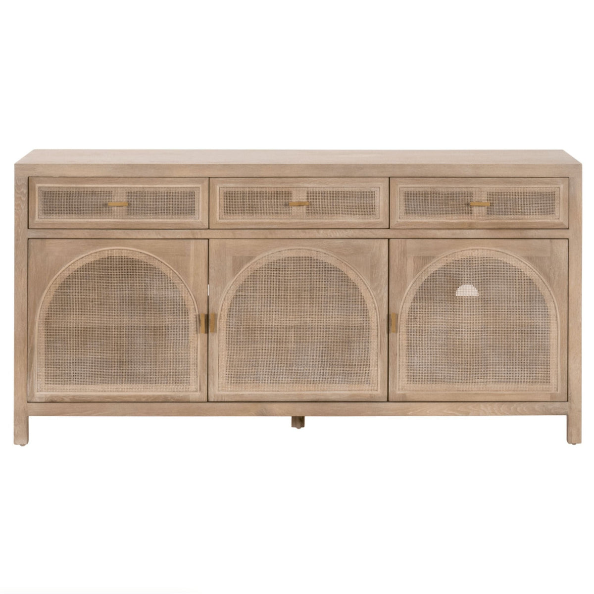Callie Gray Cane Media Sideboard: Smoke gray oak and cane sideboard with three drawers and arched cabinet doors.