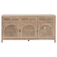 Callie Gray Cane Media Sideboard: Smoke gray oak and cane sideboard with three drawers and arched cabinet doors.