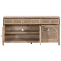 Callie Gray Cane Media Sideboard: Smoke gray oak and cane, three drawers, open cabinet with shelves, arched cane door.