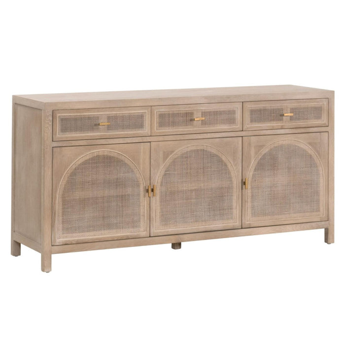 Callie Gray Cane Media Sideboard: Smoke gray oak sideboard with three drawers and three cane arched cabinet doors.