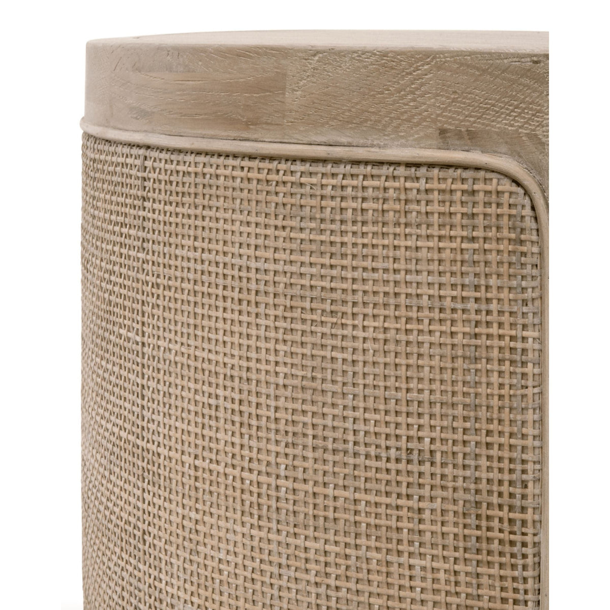 Callie Round Cane End Table with smoke gray oak top and natural woven cane sides.
