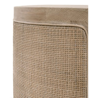Callie Round Cane End Table with smoke gray oak top and natural woven cane sides.