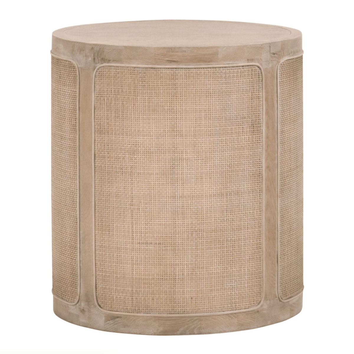Round smoke gray oak end table with wood-backed cane inlay panels.