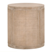 Round smoke gray oak end table with wood-backed cane inlay panels.