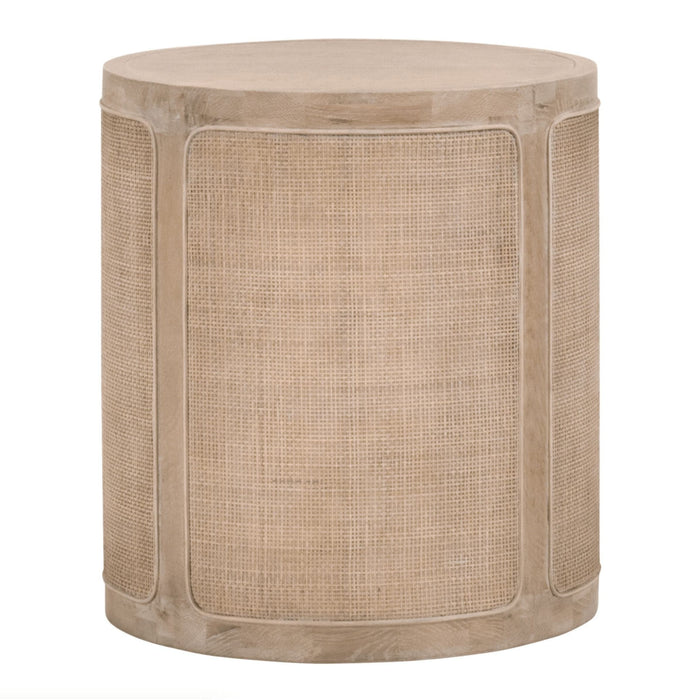 Round smoke gray oak end table with wood-backed cane inlay panels.
