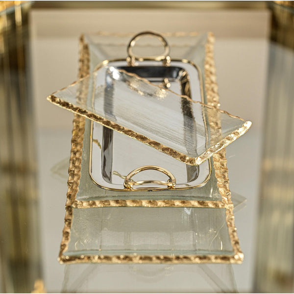 Cally Clear Rectangle Plate with Gold Rim, Set of 3 - Platter Detail | Bone & Brass