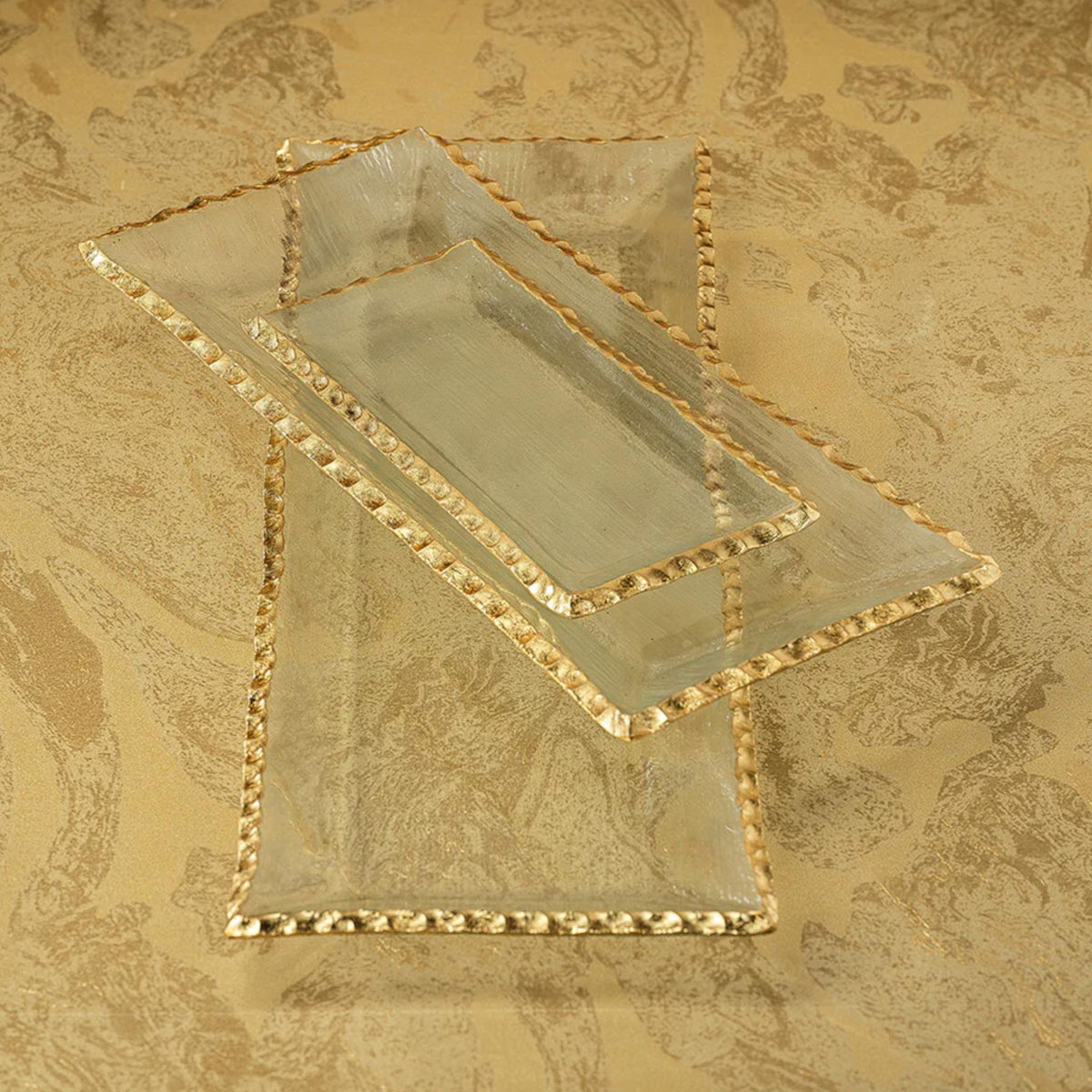 Cally Clear Rectangle Plate with Gold Rim, Set of 3 - Platter Top View | Bone & Brass