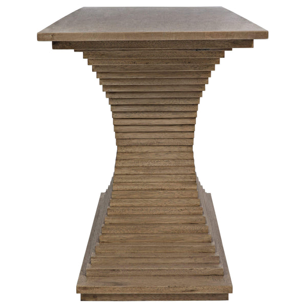 Cambio Console in bleached walnut with hand-carved decorative ridges and elegant curves.