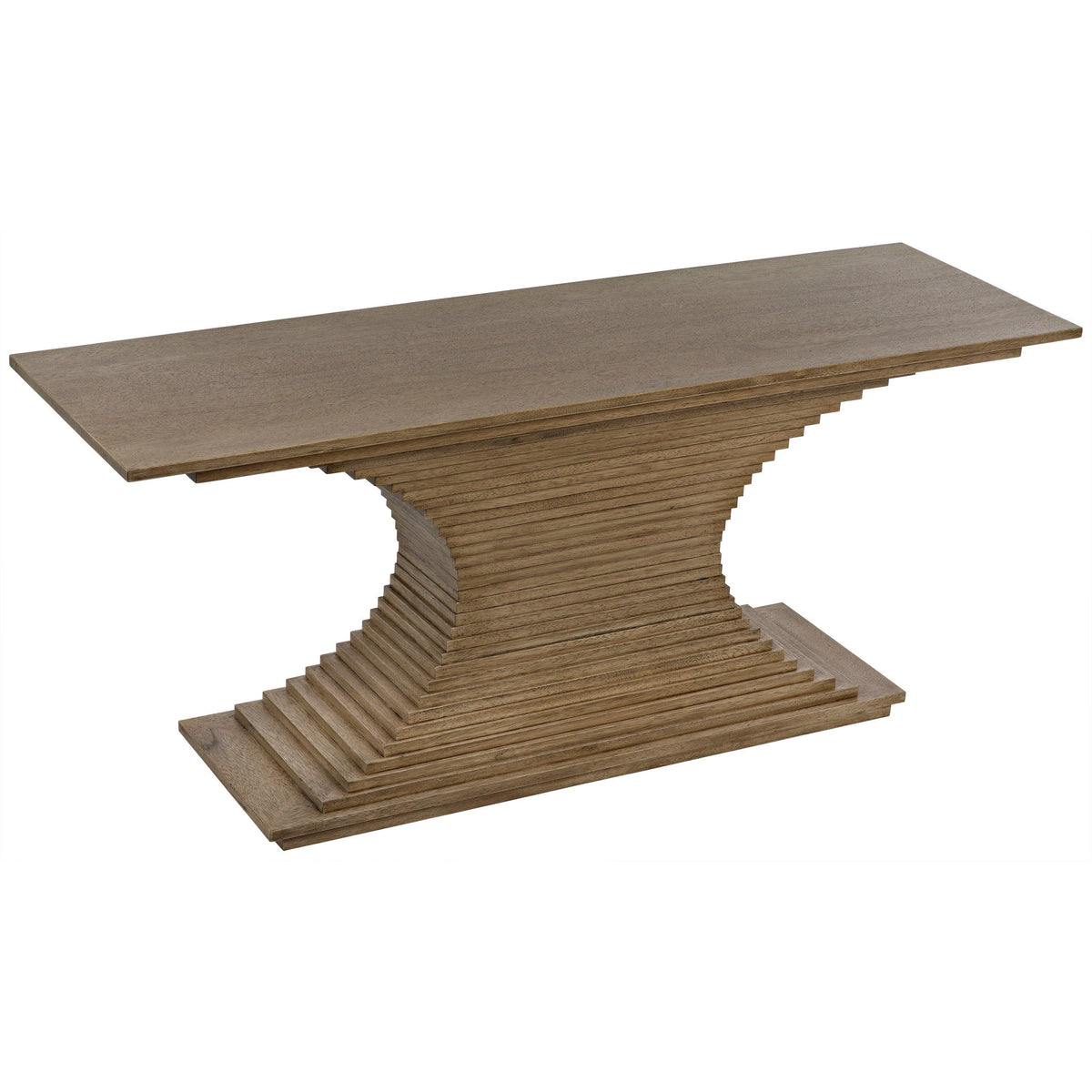 Cambio Console: Bleached walnut console table with hand-carved, ridged base forming elegant curves.