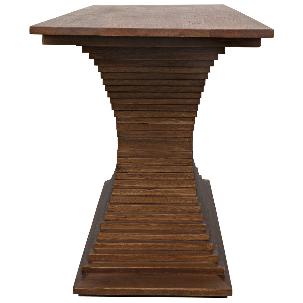 Dark walnut Cambio Console with hand-carved, ridged, hourglass-shaped base.