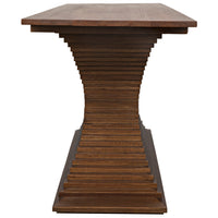 Dark walnut Cambio Console with hand-carved, ridged, hourglass-shaped base.