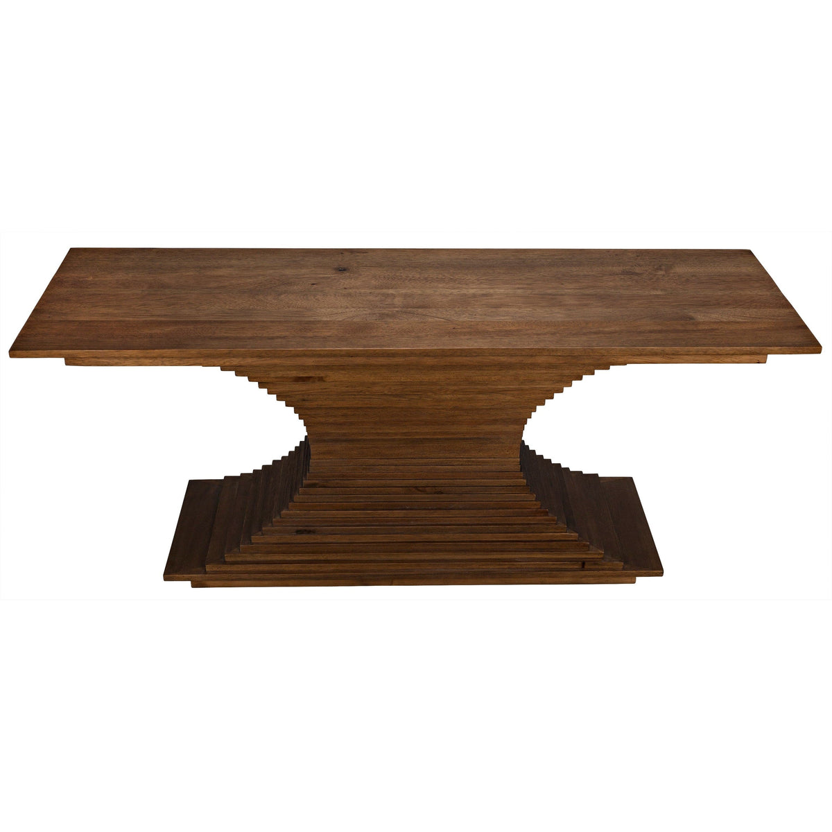 Dark walnut console table with a hand-carved, ridged hourglass base and simple rectangular top.
