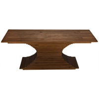 Dark walnut console table with a hand-carved, ridged hourglass base and simple rectangular top.