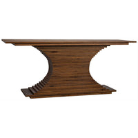 Dark walnut console with hand-carved, ridged hourglass base, 72"W.