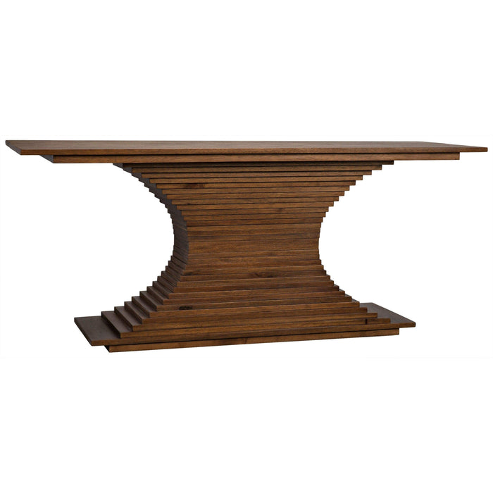 Dark walnut console with hand-carved, ridged hourglass base, 72"W.
