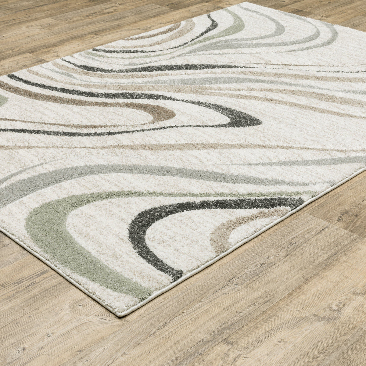 Cambria Beige Multi-Colored Contemporary Rug with swirling neutral, pale blue, and mint polypropylene fibers.