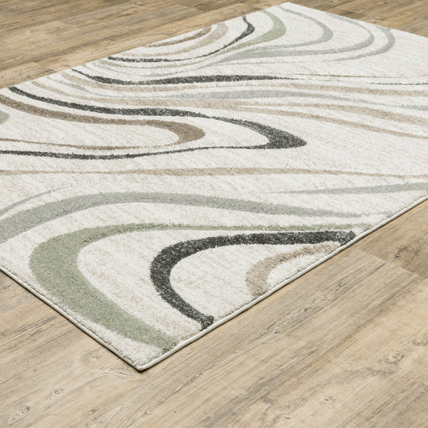 Cambria Beige Multi-Colored Contemporary Rug with swirling neutral, pale blue, and mint polypropylene fibers.