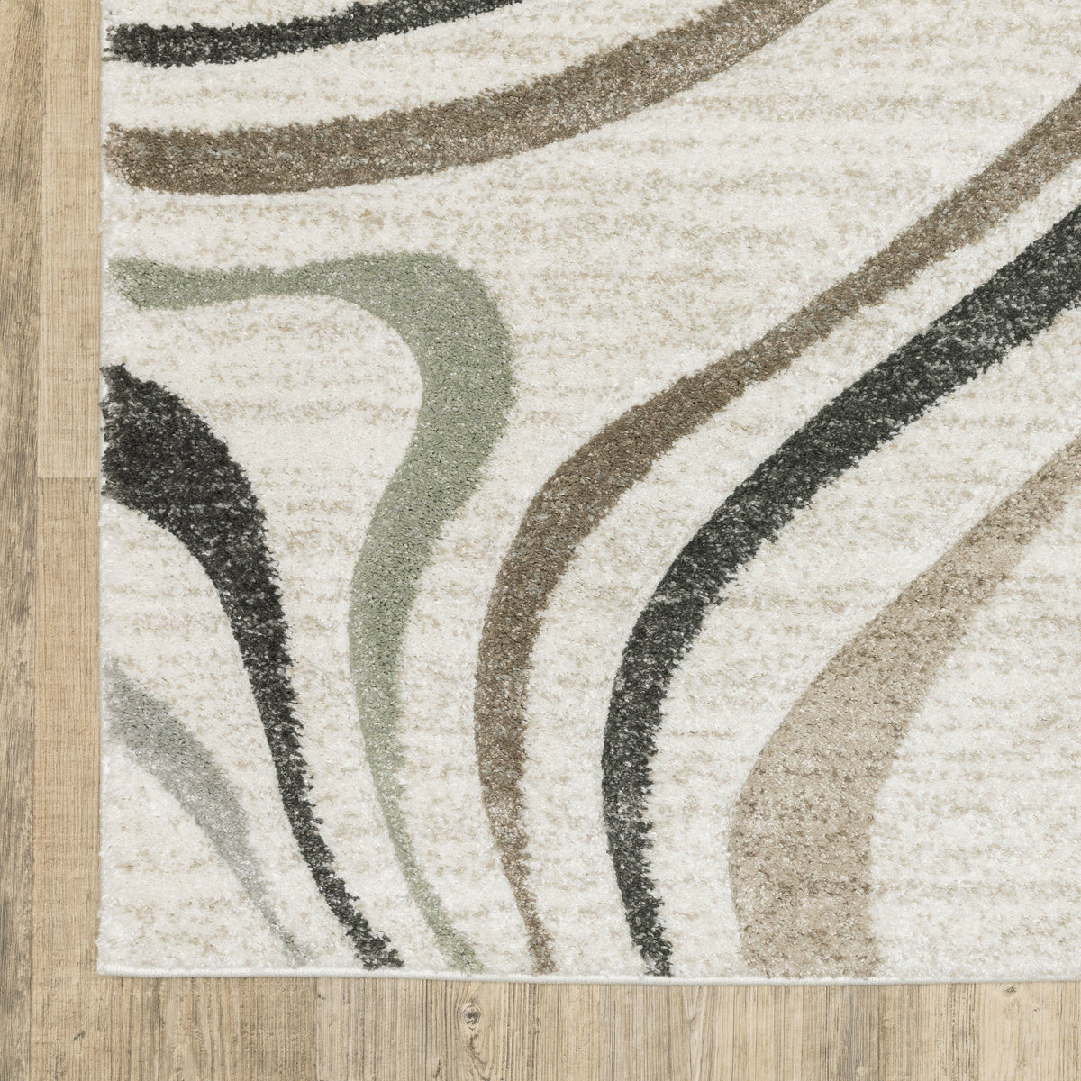 Cambria Beige Multi-Colored Contemporary Rug with abstract wavy lines in warm neutrals, pale blue, and mint.
