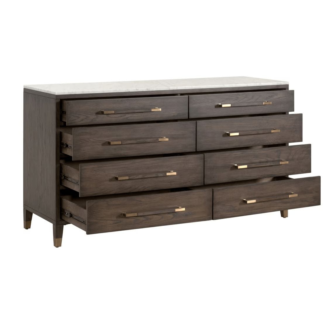 Dutch brown oak 8-drawer dresser with white marble top, aged brass pulls, and some drawers open.