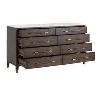 Dutch brown oak 8-drawer dresser with white marble top, aged brass pulls, and some drawers open.