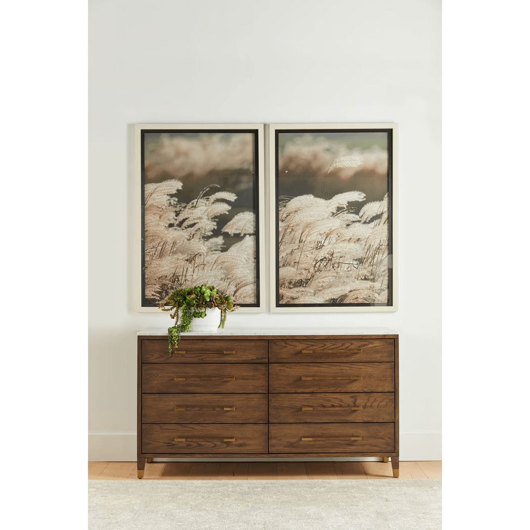 Cambria Brown Oak 8-Drawer Double Dresser with white marble top and aged brass accents.
