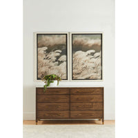 Cambria Brown Oak 8-Drawer Double Dresser with white marble top and aged brass accents.