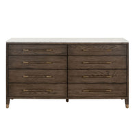 Cambria 8-drawer double dresser in Dutch brown oak with a white marble top and aged brass accents.