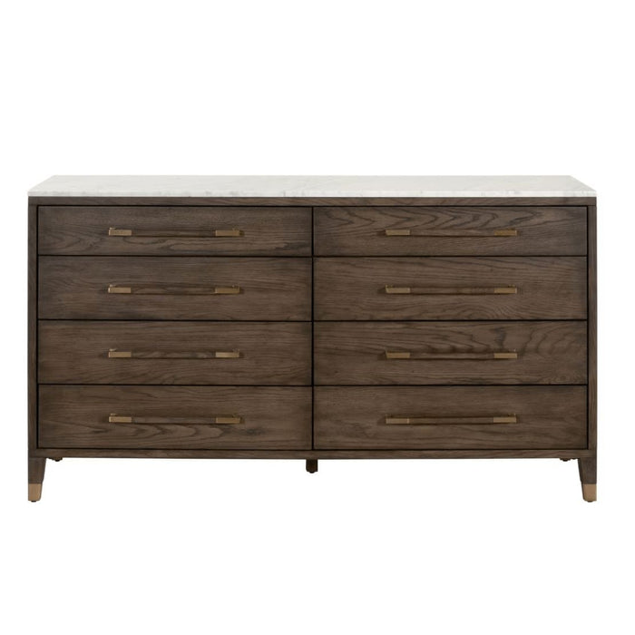 Cambria 8-drawer double dresser in Dutch brown oak with a white marble top and aged brass accents.